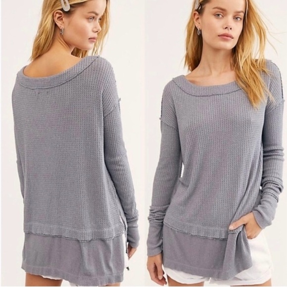 Free People North Shore Thermal in Storm Grey Distressed Oversized - Picture 1 of 4